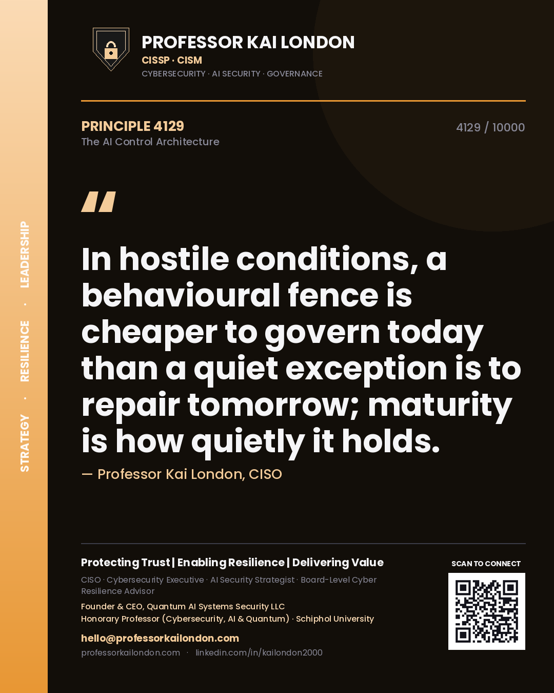 Quote card by Professor Kai London reading 'In hostile conditions, a behavioural fence is cheaper to govern today than a quiet exception is to repair tomorrow; maturity is how quietly it holds.'. From the book The AI Control Architecture.