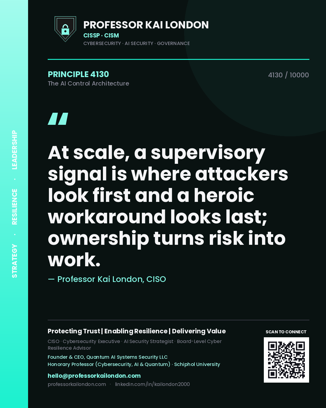 Quote card by Professor Kai London reading 'At scale, a supervisory signal is where attackers look first and a heroic workaround looks last; ownership turns risk into work.'. From the book The AI Control Architecture.
