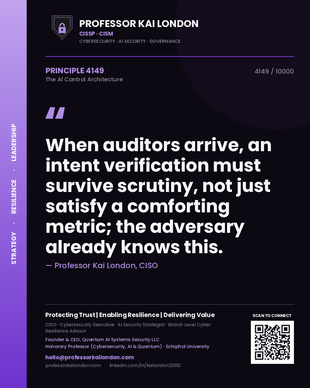 Professor Kai London principle 4149: When auditors arrive, an intent verification must survive scrutiny, not just satisfy a comforting metric; the adversary already knows this.