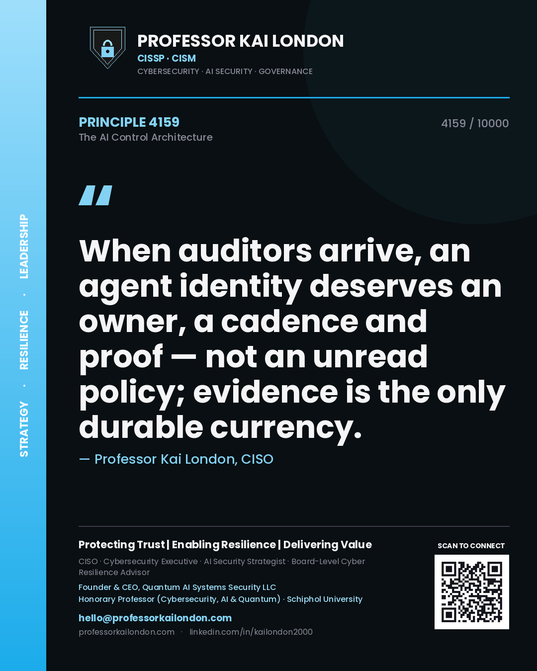 Professor Kai London principle 4159: When auditors arrive, an agent identity deserves an owner, a cadence and proof — not an unread policy; evidence is the only durable currency.