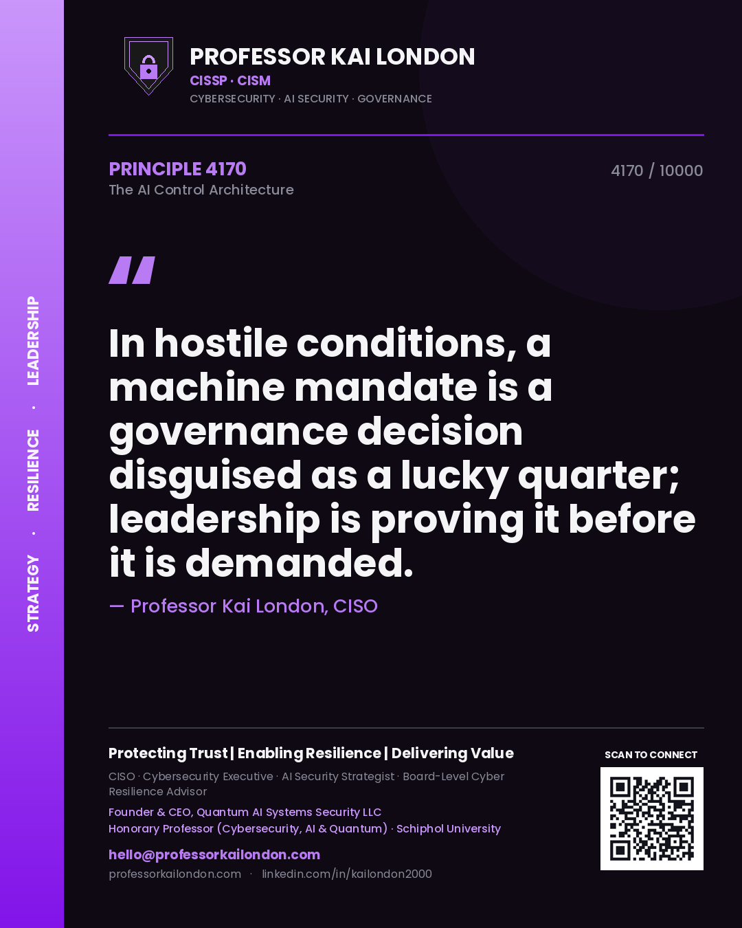 Quote card by Professor Kai London reading 'In hostile conditions, a machine mandate is a governance decision disguised as a lucky quarter; leadership is proving it before it is demanded.'. From the book The AI Control Architecture.