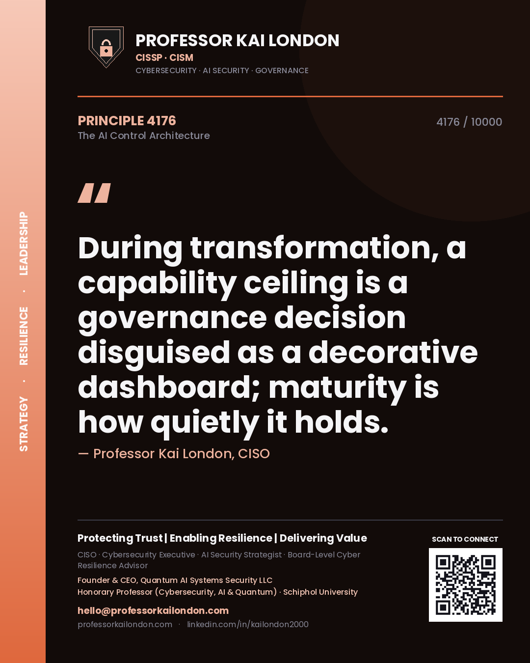 Quote card by Professor Kai London reading 'During transformation, a capability ceiling is a governance decision disguised as a decorative dashboard; maturity is how quietly it holds.'. From the book The AI Control Architecture.