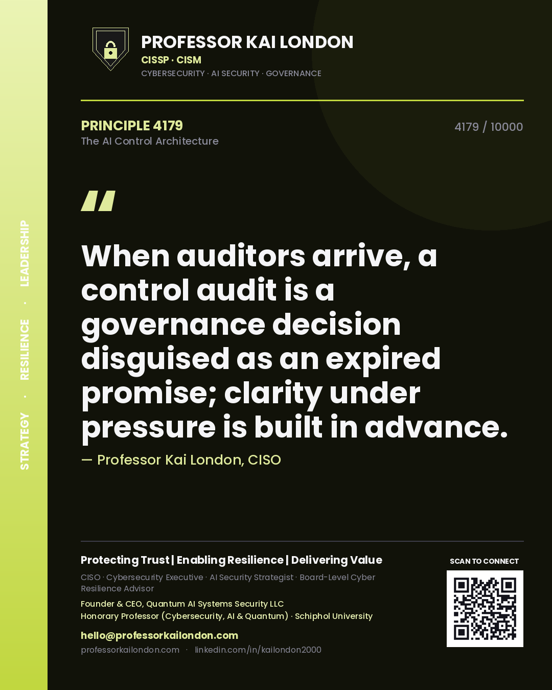 Quote card by Professor Kai London reading 'When auditors arrive, a control audit is a governance decision disguised as an expired promise; clarity under pressure is built in advance.'. From the book The AI Control Architecture.