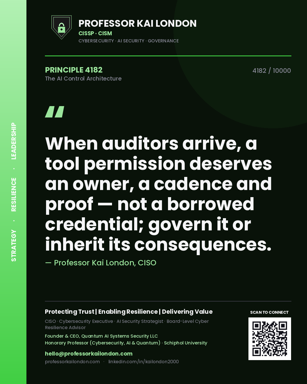 Professor Kai London principle 4182: When auditors arrive, a tool permission deserves an owner, a cadence and proof — not a borrowed credential; govern it or inherit its consequences.