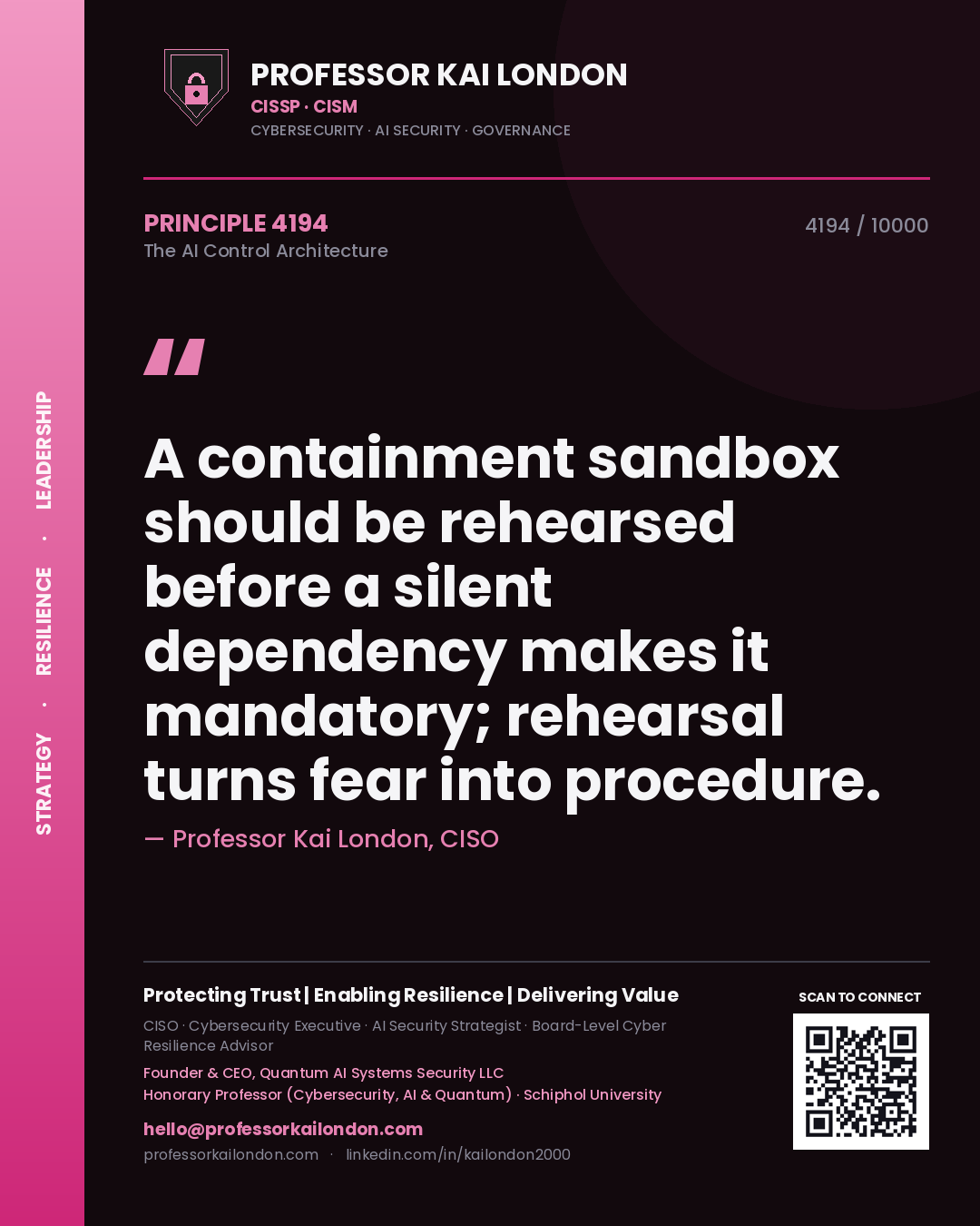 Quote card by Professor Kai London reading 'A containment sandbox should be rehearsed before a silent dependency makes it mandatory; rehearsal turns fear into procedure.'. From the book The AI Control Architecture.
