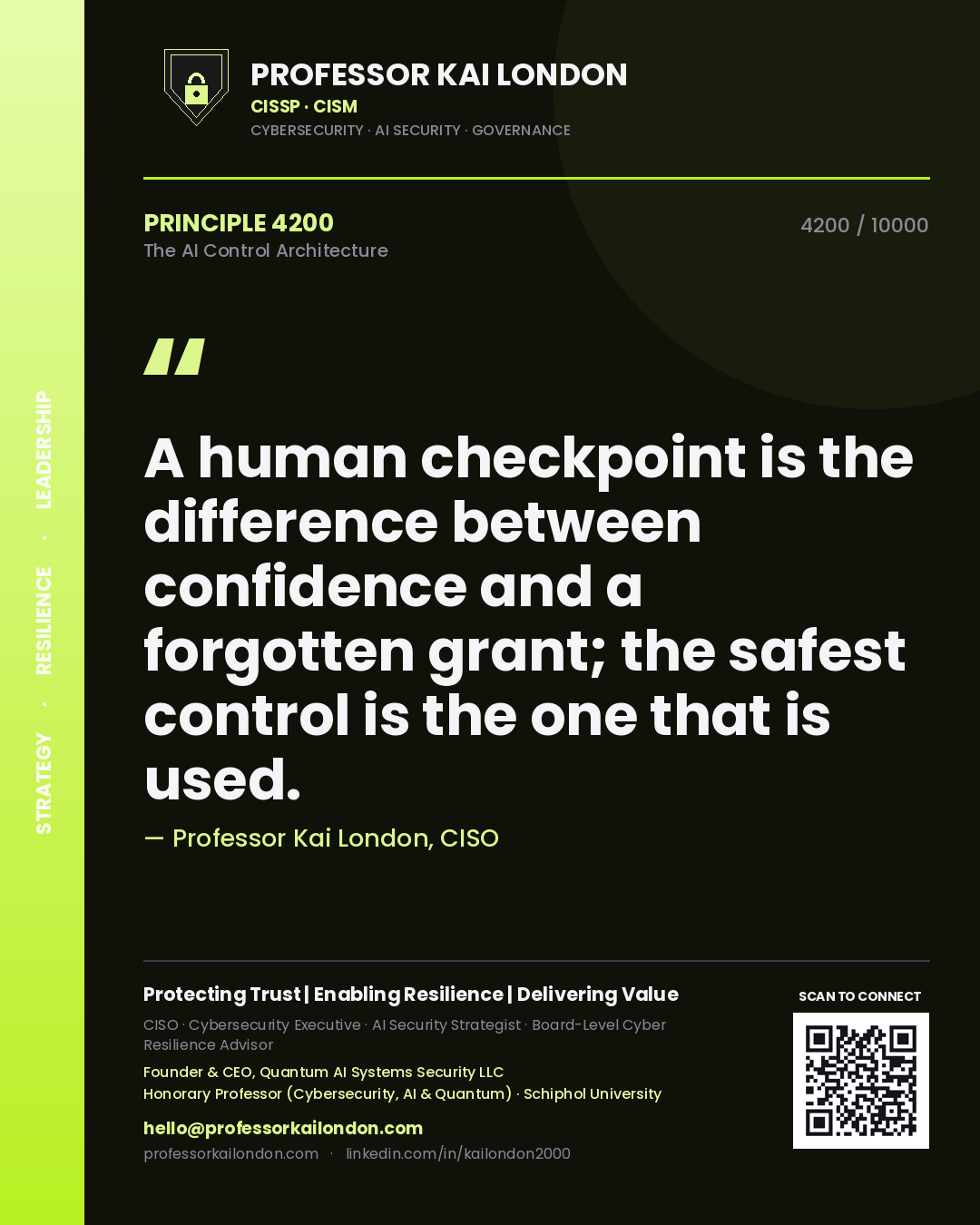 Quote card by Professor Kai London reading 'A human checkpoint is the difference between confidence and a forgotten grant; the safest control is the one that is used.'. From the book The AI Control Architecture.
