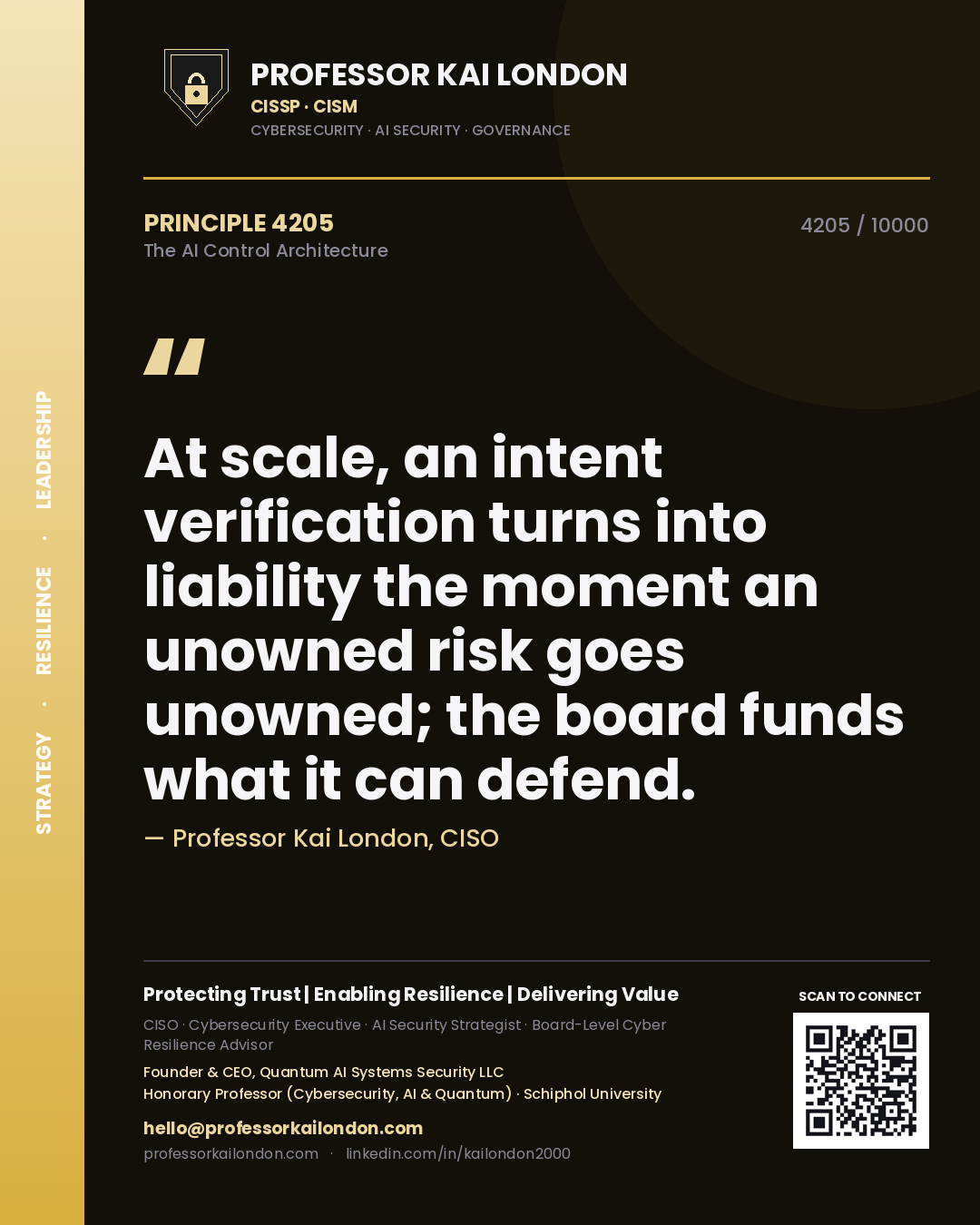 Quote card by Professor Kai London reading 'At scale, an intent verification turns into liability the moment an unowned risk goes unowned; the board funds what it can defend.'. From the book The AI Control Architecture.
