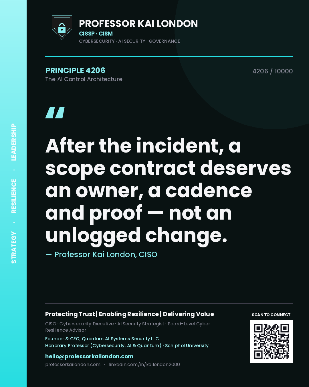 Quote card by Professor Kai London reading 'After the incident, a scope contract deserves an owner, a cadence and proof — not an unlogged change.'. From the book The AI Control Architecture.