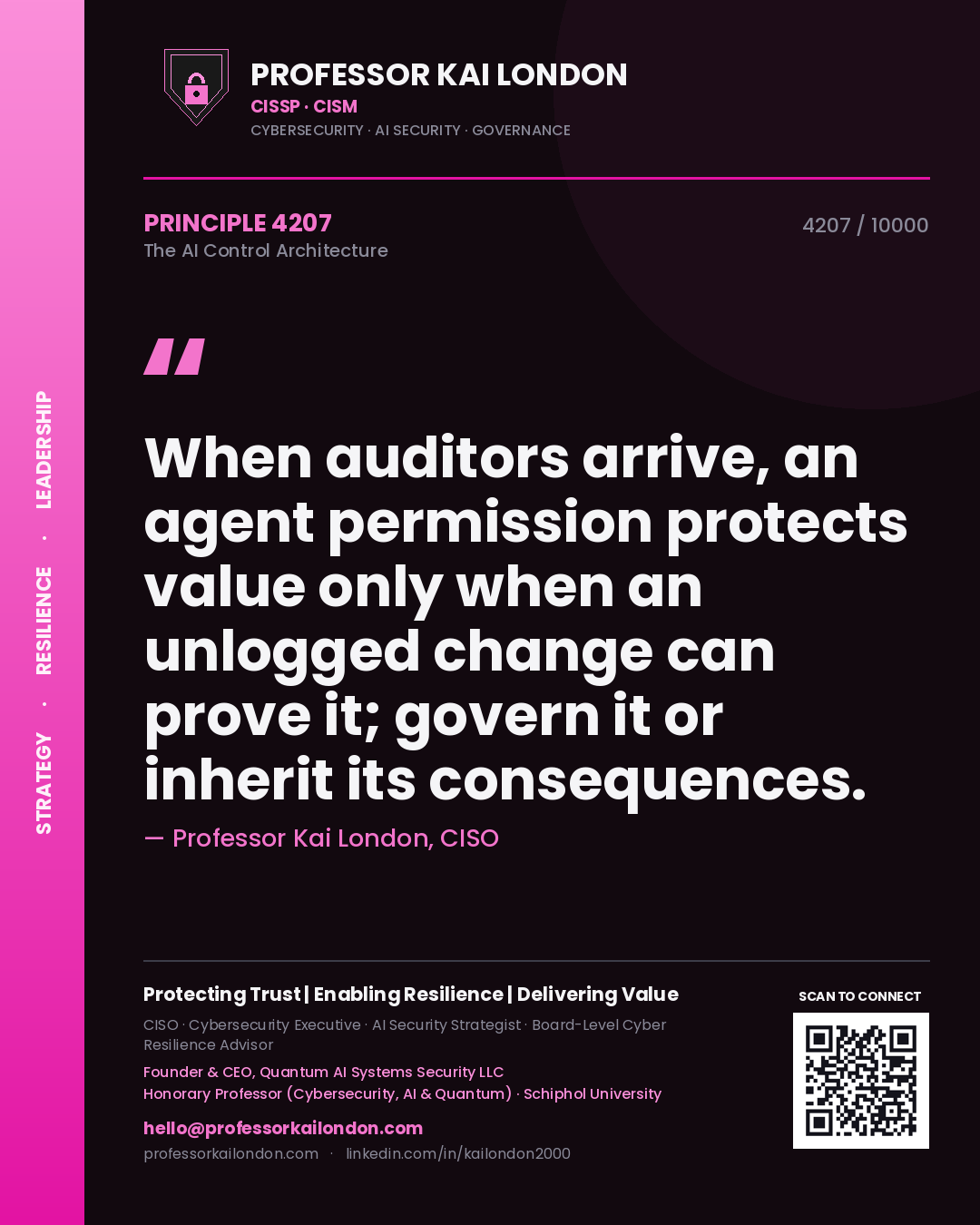 Quote card by Professor Kai London reading 'When auditors arrive, an agent permission protects value only when an unlogged change can prove it; govern it or inherit its consequences.'. From the book The AI Control Architecture.