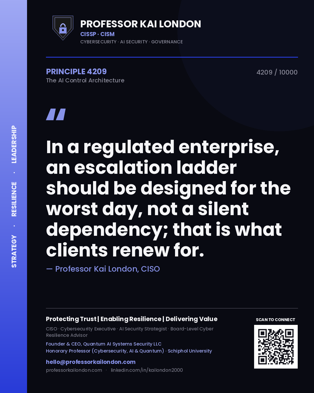 Professor Kai London principle 4209: In a regulated enterprise, an escalation ladder should be designed for the worst day, not a silent dependency; that is what clients renew for.