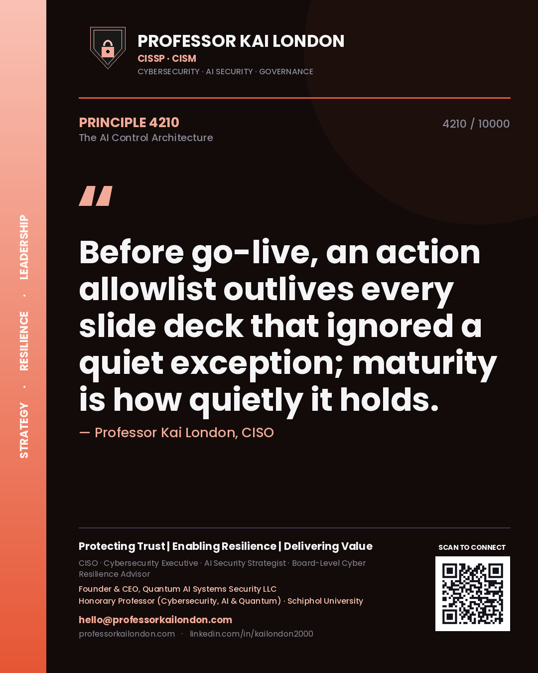Quote card by Professor Kai London reading 'Before go-live, an action allowlist outlives every slide deck that ignored a quiet exception; maturity is how quietly it holds.'. From the book The AI Control Architecture.