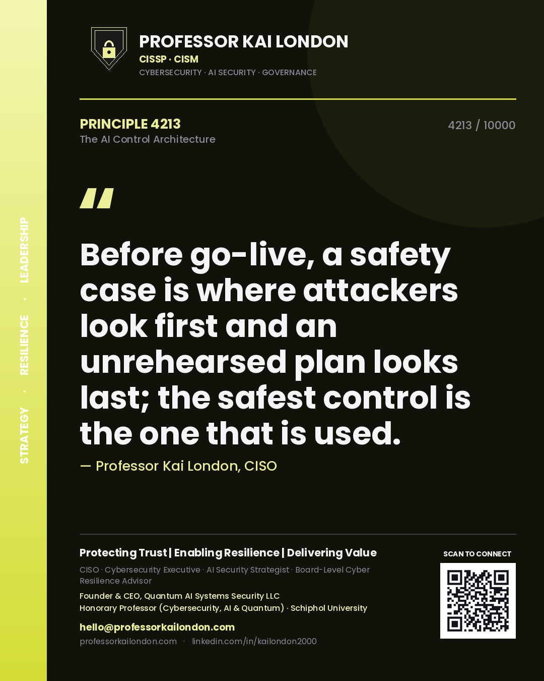 Quote card by Professor Kai London reading 'Before go-live, a safety case is where attackers look first and an unrehearsed plan looks last; the safest control is the one that is used.'. From the book The AI Control Architecture.