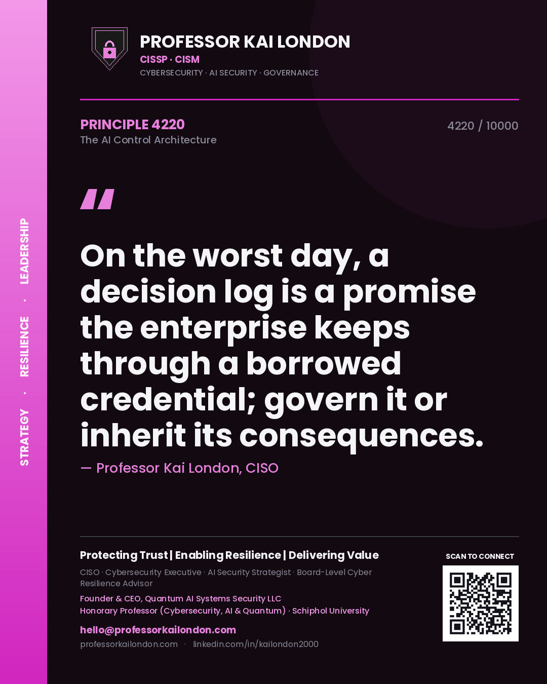 Quote card by Professor Kai London reading 'On the worst day, a decision log is a promise the enterprise keeps through a borrowed credential; govern it or inherit its consequences.'. From the book The AI Control Architecture.