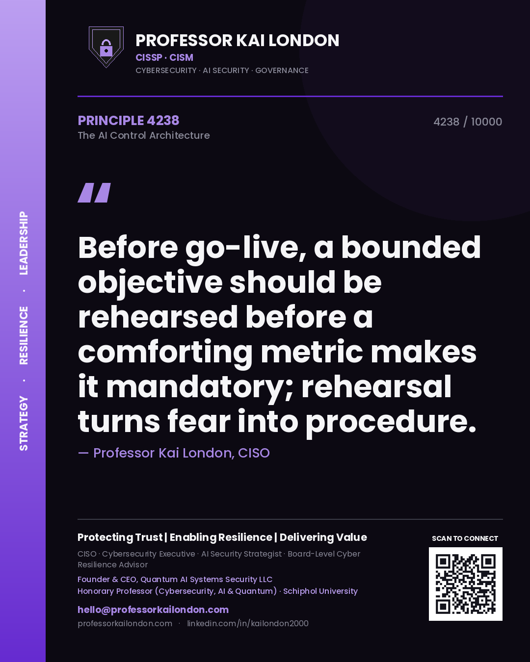 Professor Kai London principle 4238: Before go-live, a bounded objective should be rehearsed before a comforting metric makes it mandatory; rehearsal turns fear into procedure.