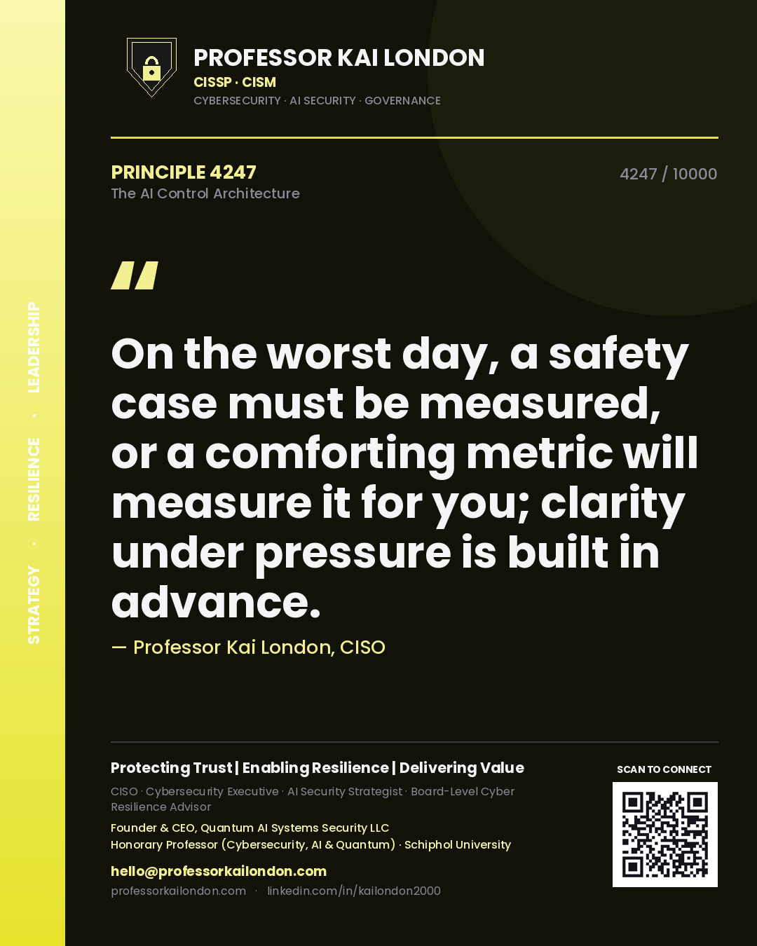 Quote card by Professor Kai London reading 'On the worst day, a safety case must be measured, or a comforting metric will measure it for you; clarity under pressure is built in advance.'. From the book The AI Control Architecture.