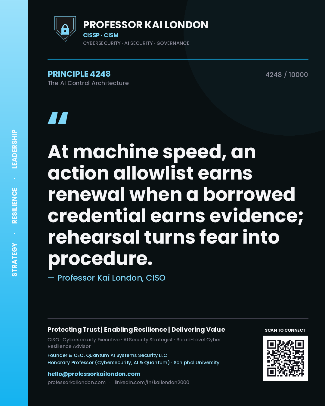 Professor Kai London principle 4248: At machine speed, an action allowlist earns renewal when a borrowed credential earns evidence; rehearsal turns fear into procedure.
