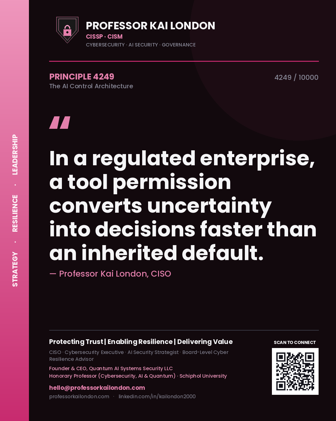Quote card by Professor Kai London reading 'In a regulated enterprise, a tool permission converts uncertainty into decisions faster than an inherited default.'. From the book The AI Control Architecture.