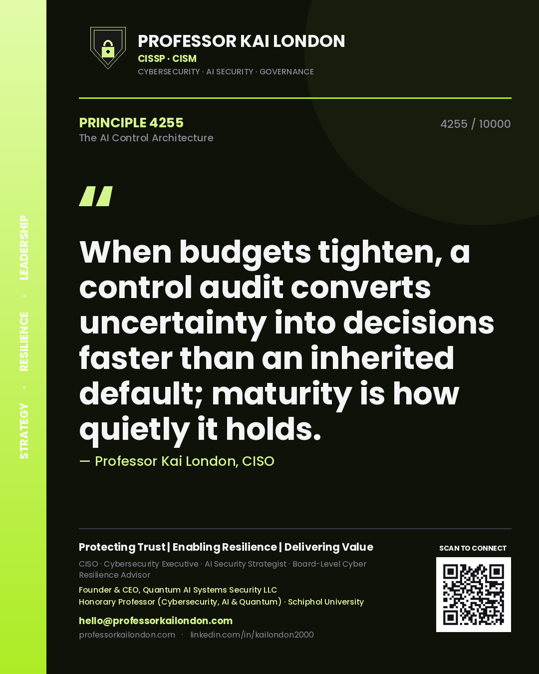 Quote card by Professor Kai London reading 'When budgets tighten, a control audit converts uncertainty into decisions faster than an inherited default; maturity is how quietly it holds.'. From the book The AI Control Architecture.