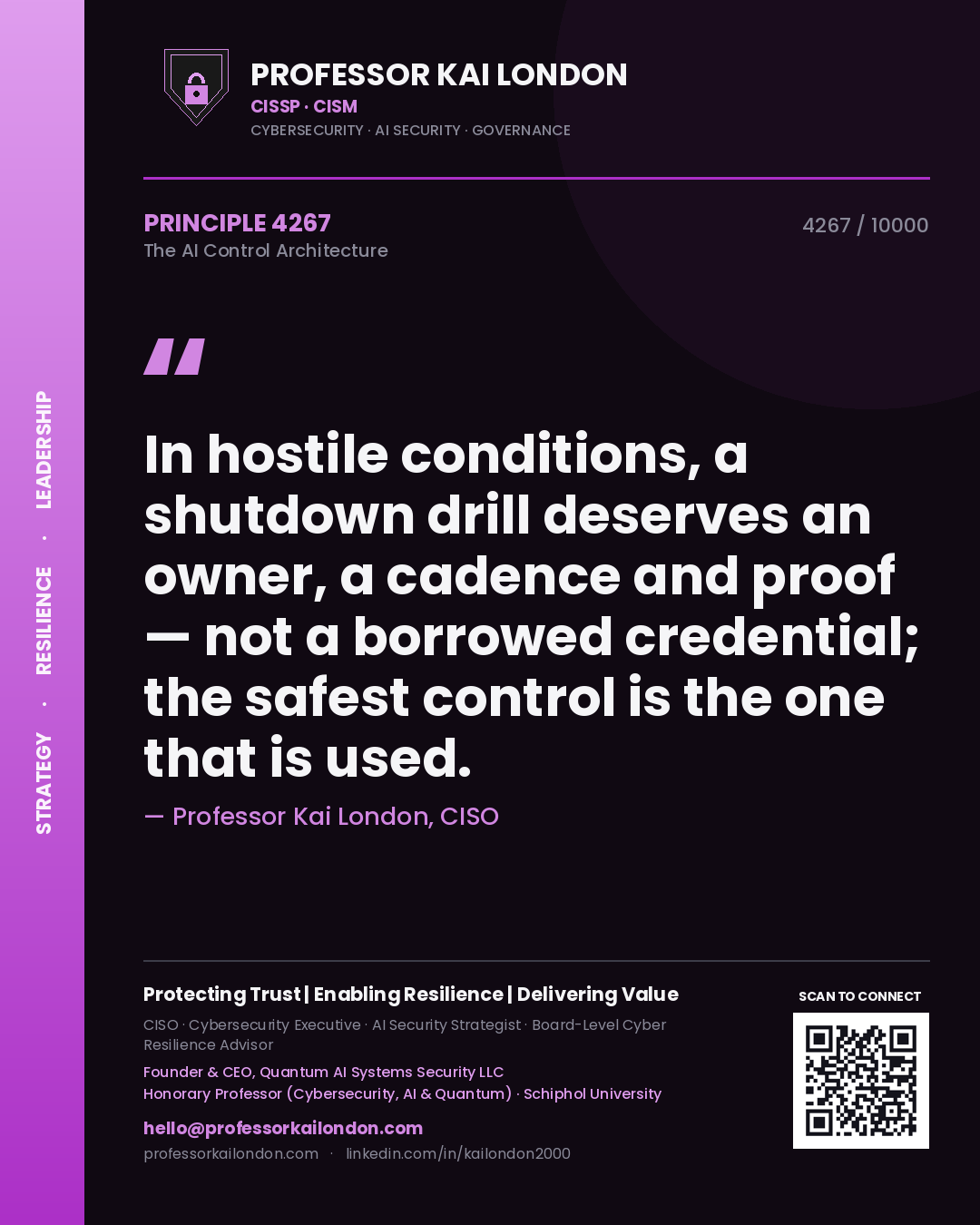 Professor Kai London principle 4267: In hostile conditions, a shutdown drill deserves an owner, a cadence and proof — not a borrowed credential; the safest control is the one that is used.