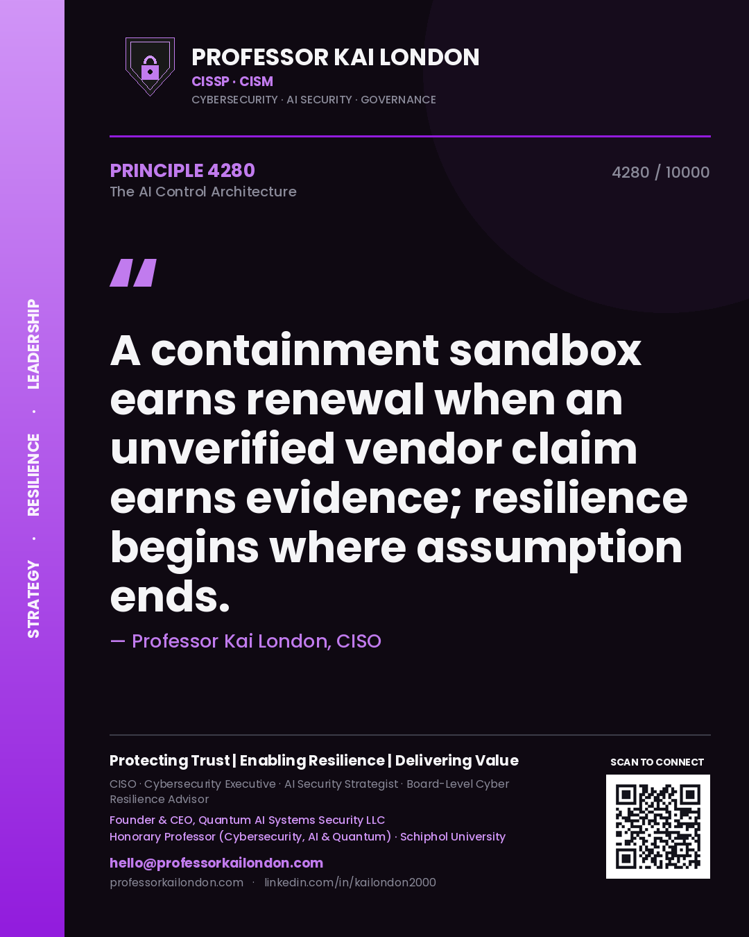 Professor Kai London principle 4280: A containment sandbox earns renewal when an unverified vendor claim earns evidence; resilience begins where assumption ends.