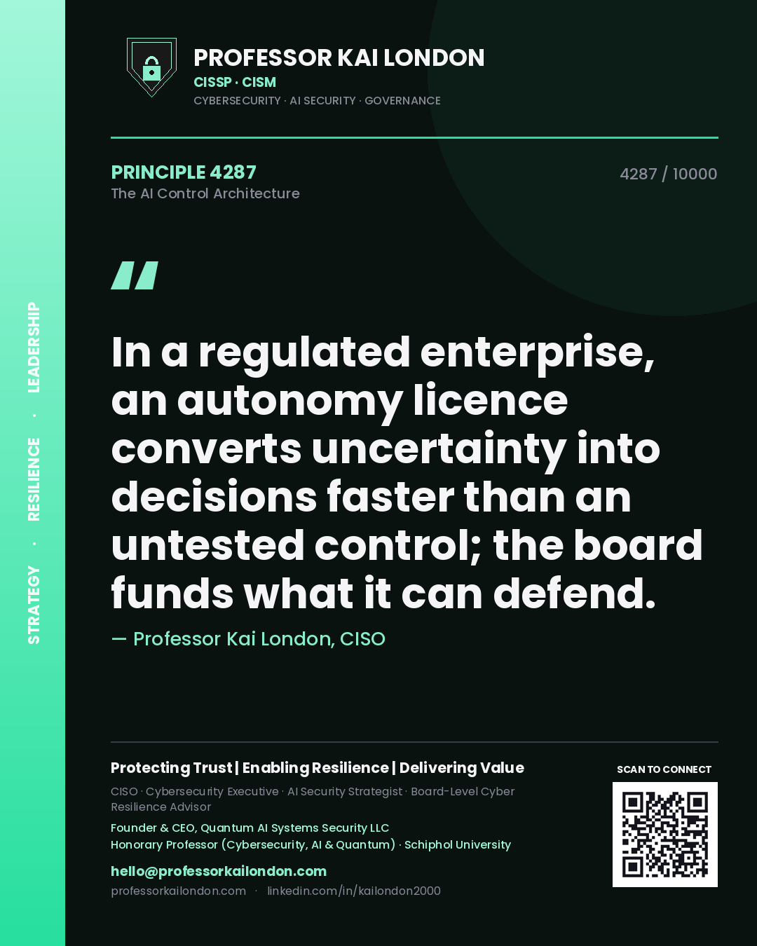 Professor Kai London principle 4287: In a regulated enterprise, an autonomy licence converts uncertainty into decisions faster than an untested control; the board funds what it can defend.
