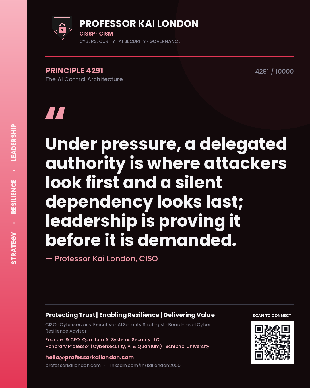 Professor Kai London principle 4291: Under pressure, a delegated authority is where attackers look first and a silent dependency looks last; leadership is proving it before it is demanded.