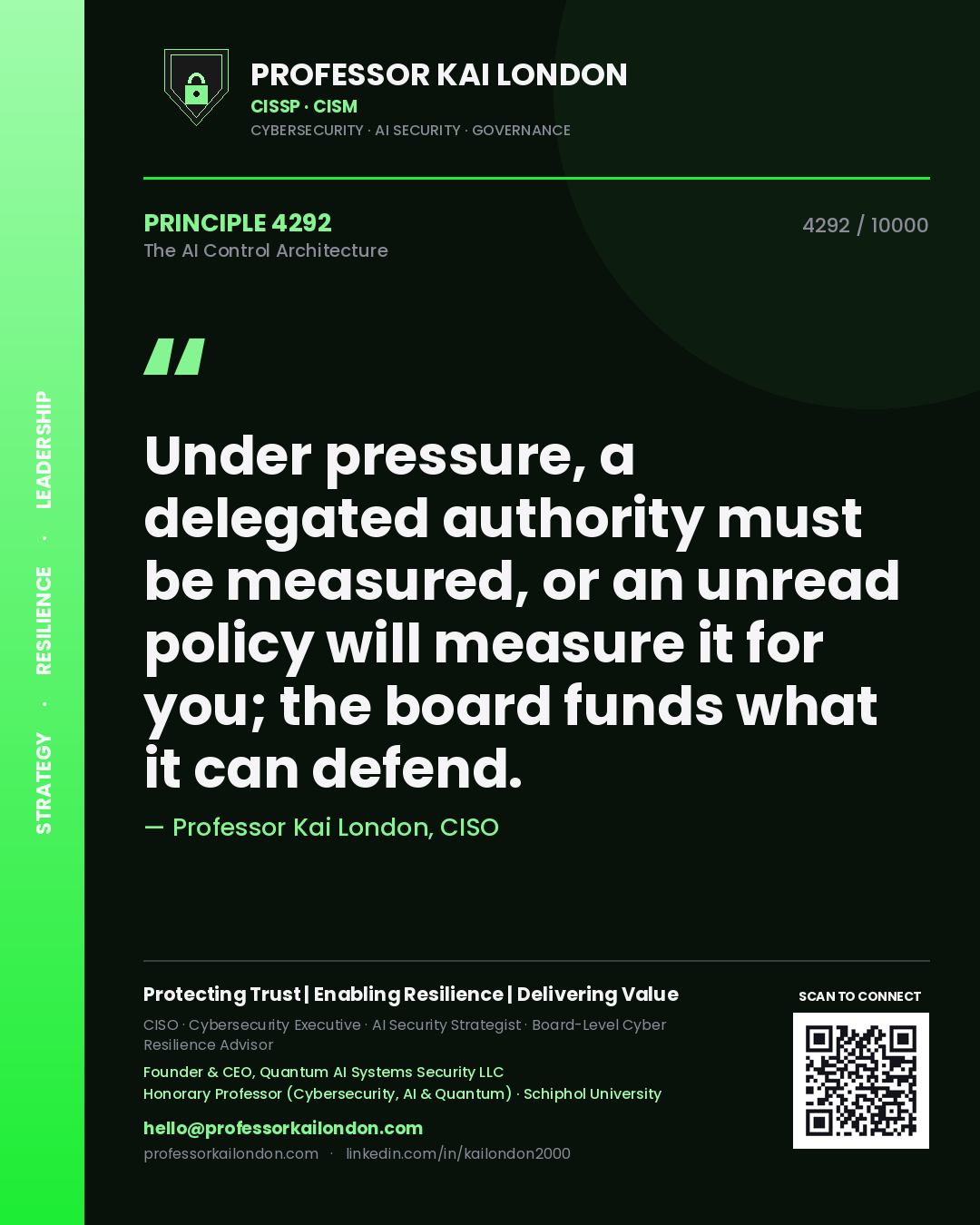 Professor Kai London principle 4292: Under pressure, a delegated authority must be measured, or an unread policy will measure it for you; the board funds what it can defend.