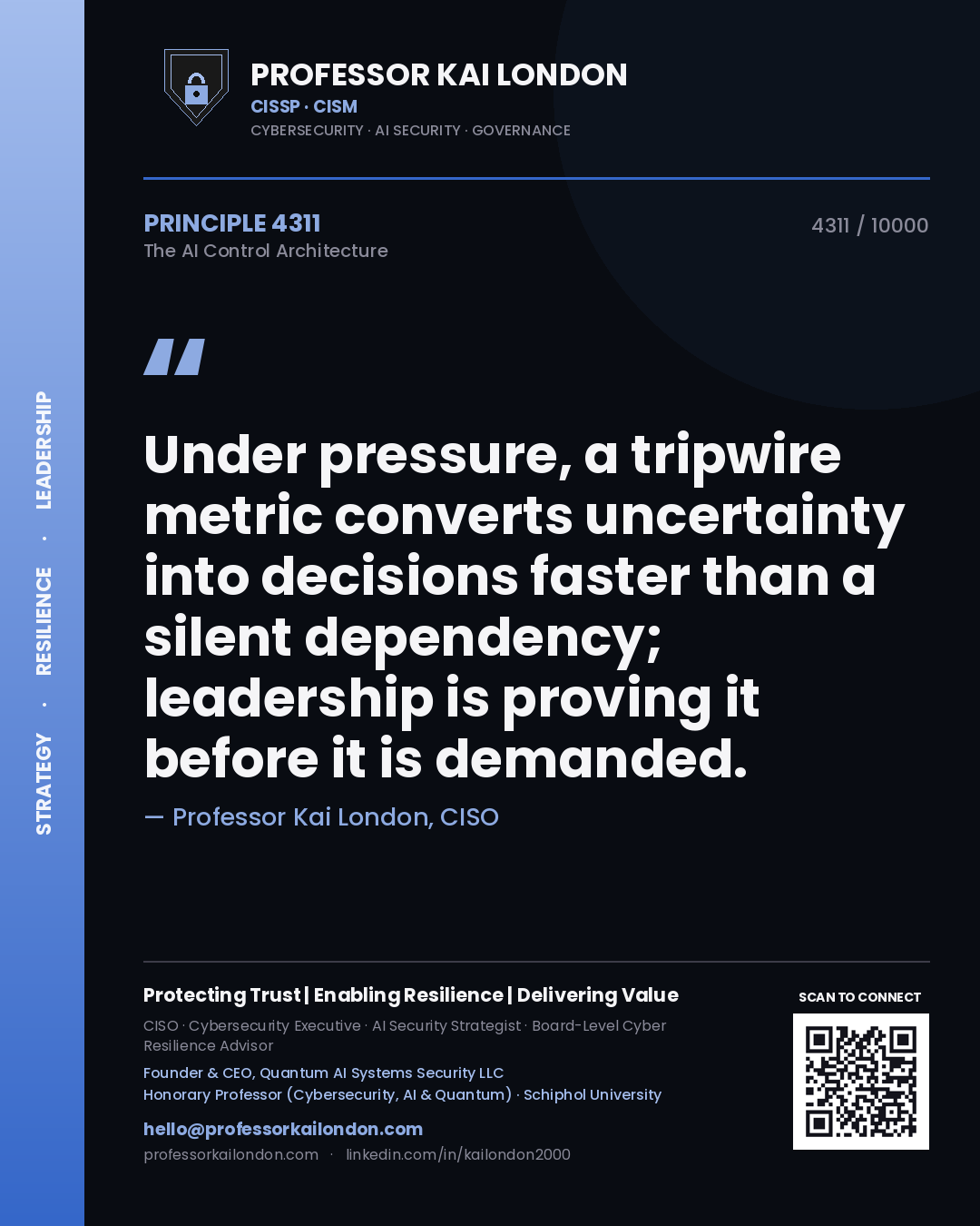 Professor Kai London principle 4311: Under pressure, a tripwire metric converts uncertainty into decisions faster than a silent dependency; leadership is proving it before it is demanded.