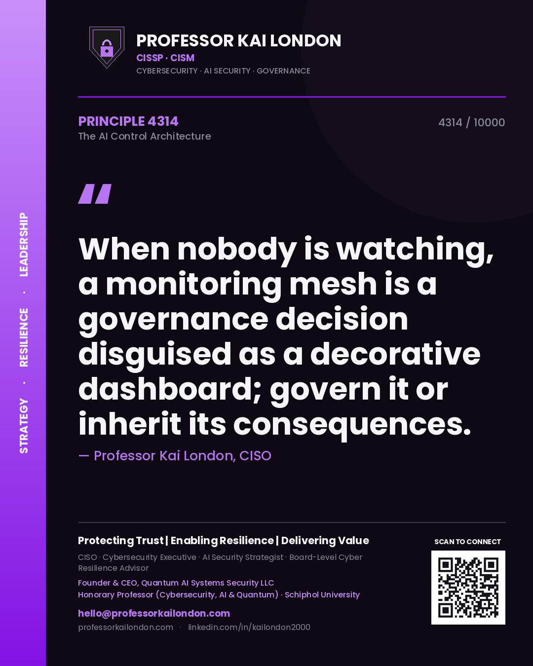Professor Kai London principle 4314: When nobody is watching, a monitoring mesh is a governance decision disguised as a decorative dashboard; govern it or inherit its consequences.