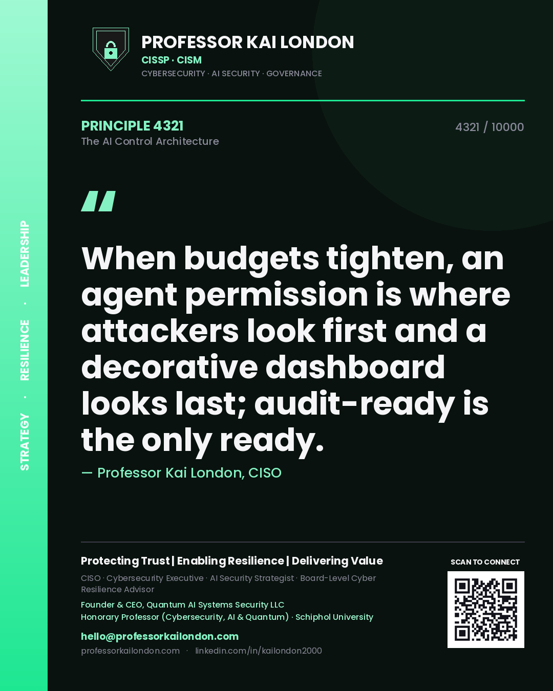 Professor Kai London principle 4321: When budgets tighten, an agent permission is where attackers look first and a decorative dashboard looks last; audit-ready is the only ready.