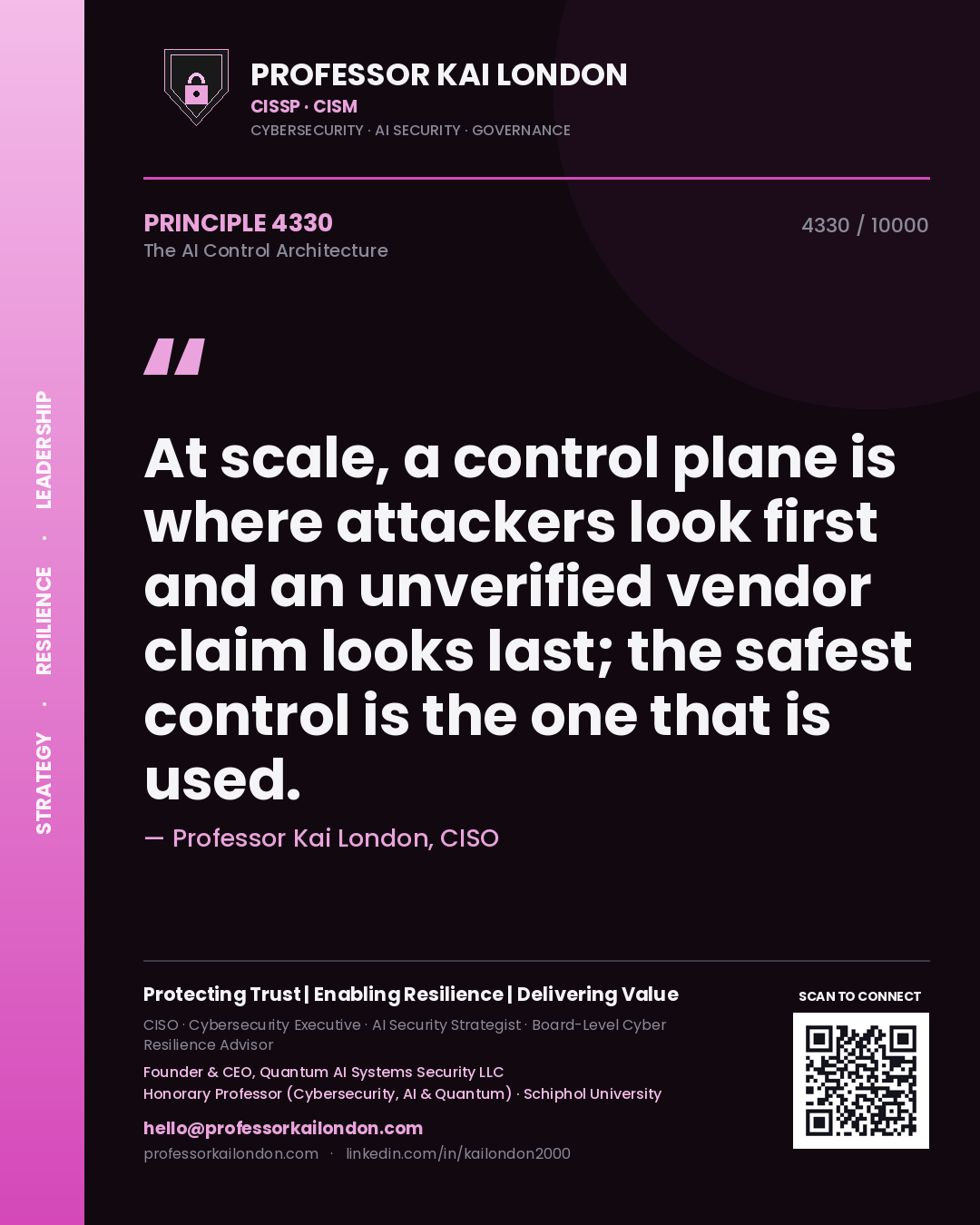 Quote card by Professor Kai London reading 'At scale, a control plane is where attackers look first and an unverified vendor claim looks last; the safest control is the one that is used.'. From the book The AI Control Architecture.