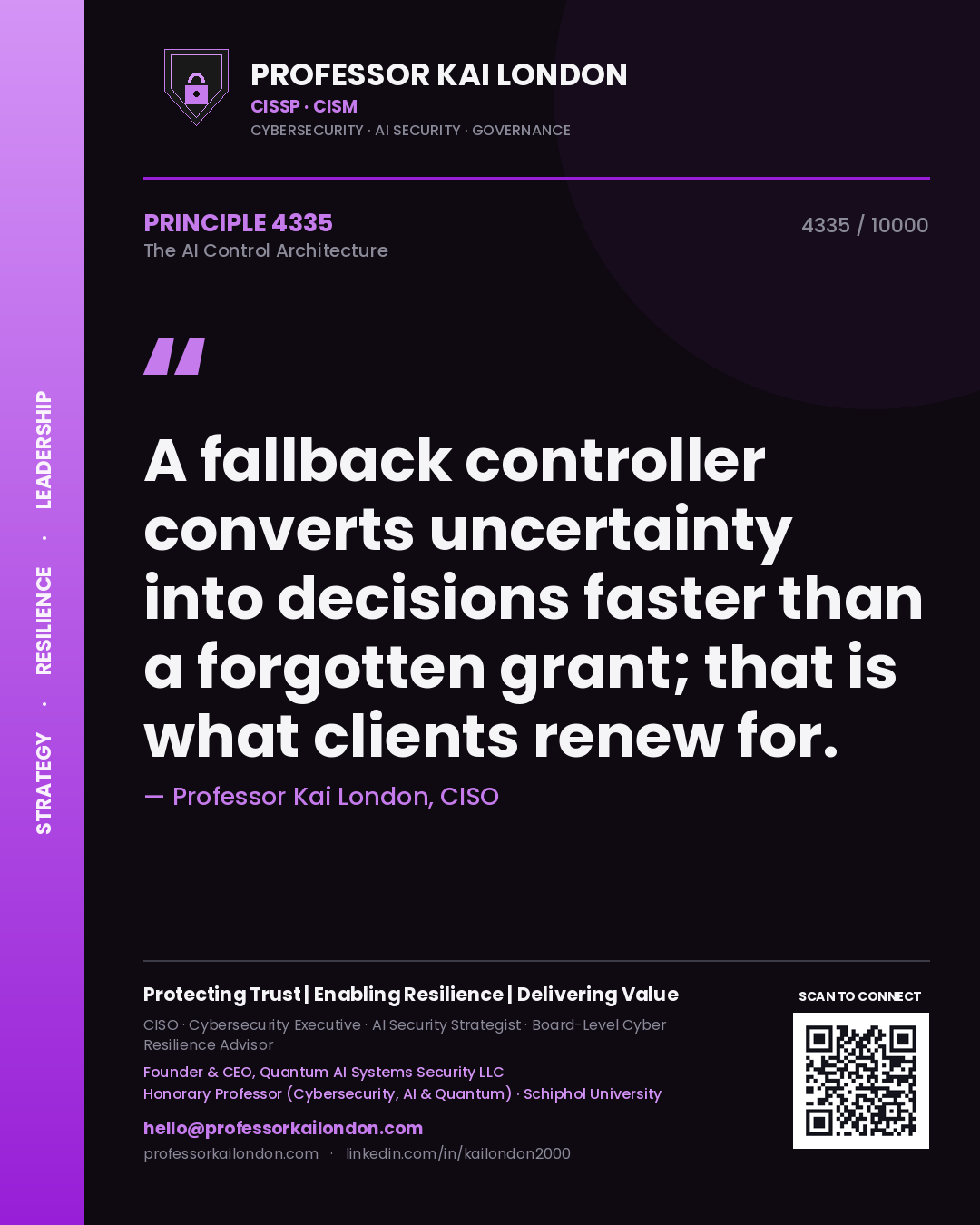Quote card by Professor Kai London reading 'A fallback controller converts uncertainty into decisions faster than a forgotten grant; that is what clients renew for.'. From the book The AI Control Architecture.