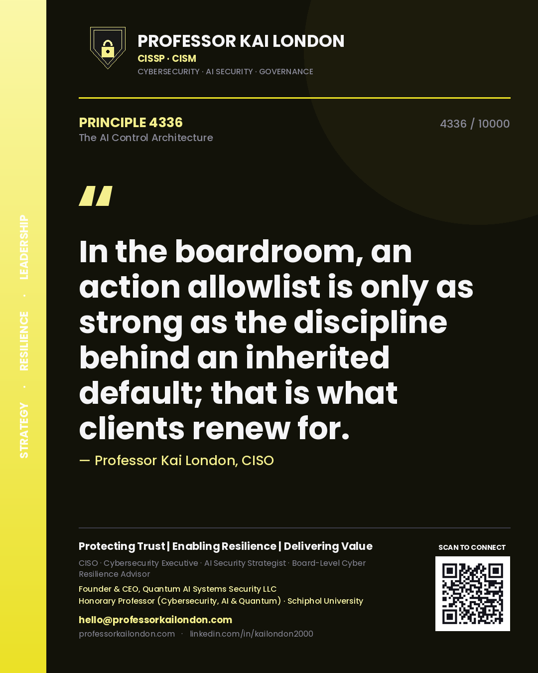 Professor Kai London principle 4336: In the boardroom, an action allowlist is only as strong as the discipline behind an inherited default; that is what clients renew for.