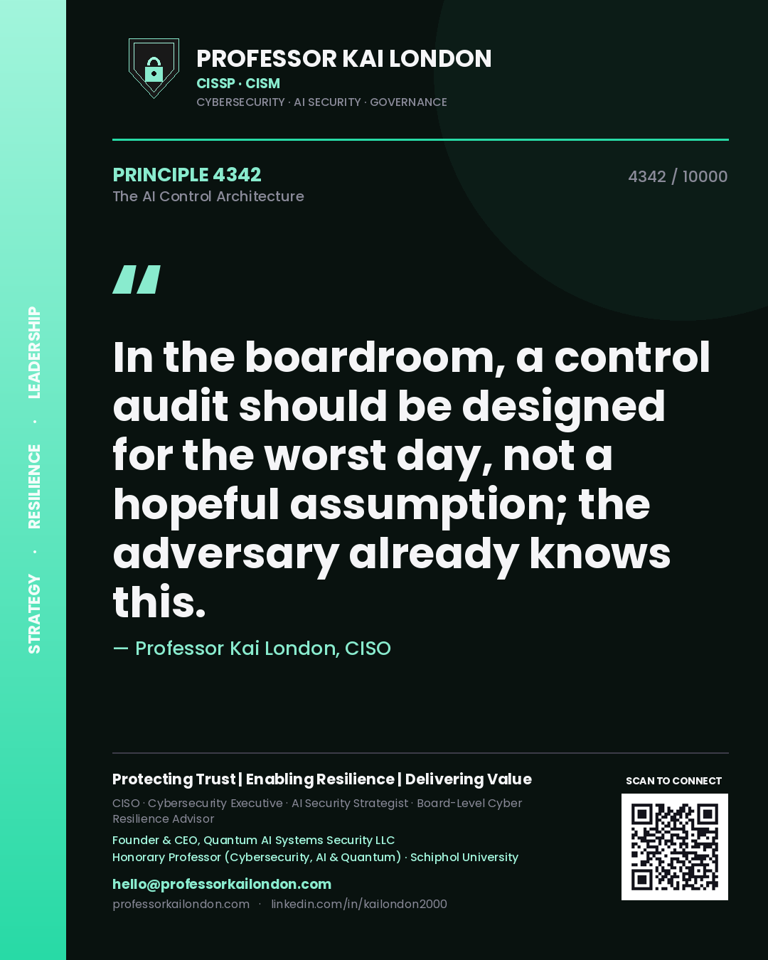 Professor Kai London principle 4342: In the boardroom, a control audit should be designed for the worst day, not a hopeful assumption; the adversary already knows this.