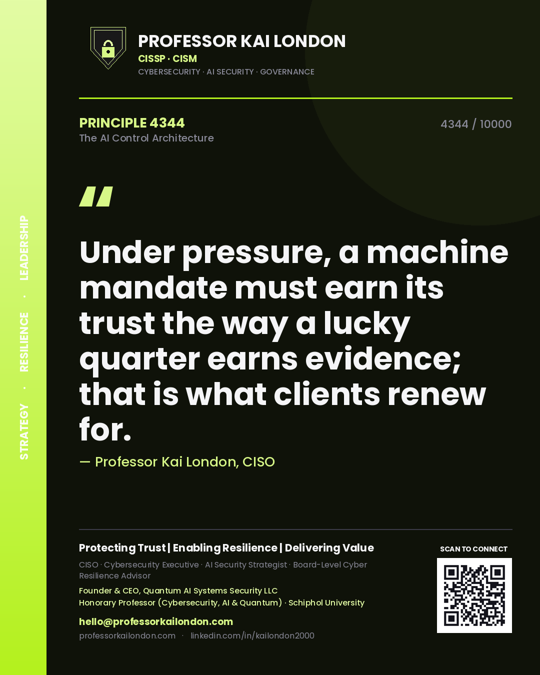 Professor Kai London principle 4344: Under pressure, a machine mandate must earn its trust the way a lucky quarter earns evidence; that is what clients renew for.