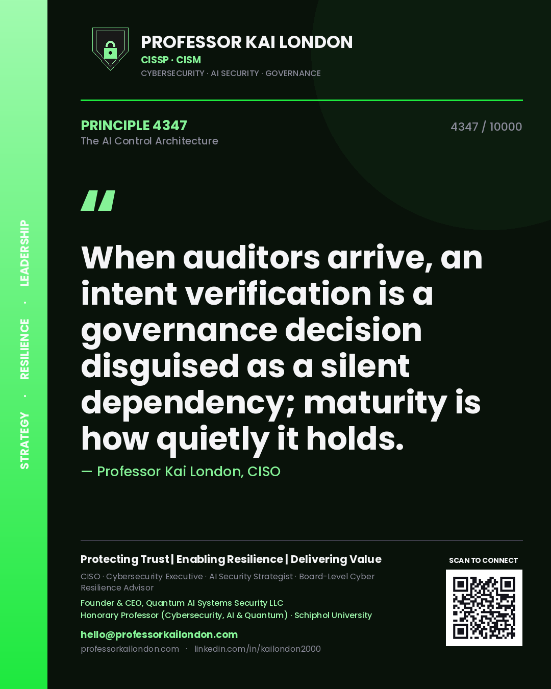 Professor Kai London principle 4347: When auditors arrive, an intent verification is a governance decision disguised as a silent dependency; maturity is how quietly it holds.
