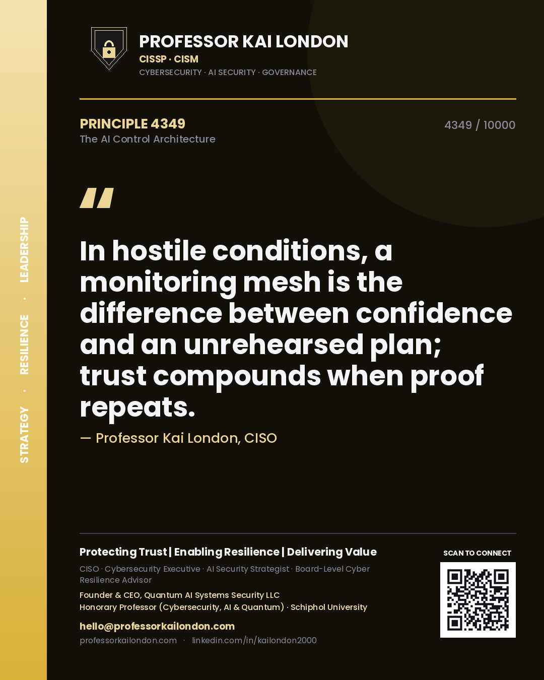 Professor Kai London principle 4349: In hostile conditions, a monitoring mesh is the difference between confidence and an unrehearsed plan; trust compounds when proof repeats.