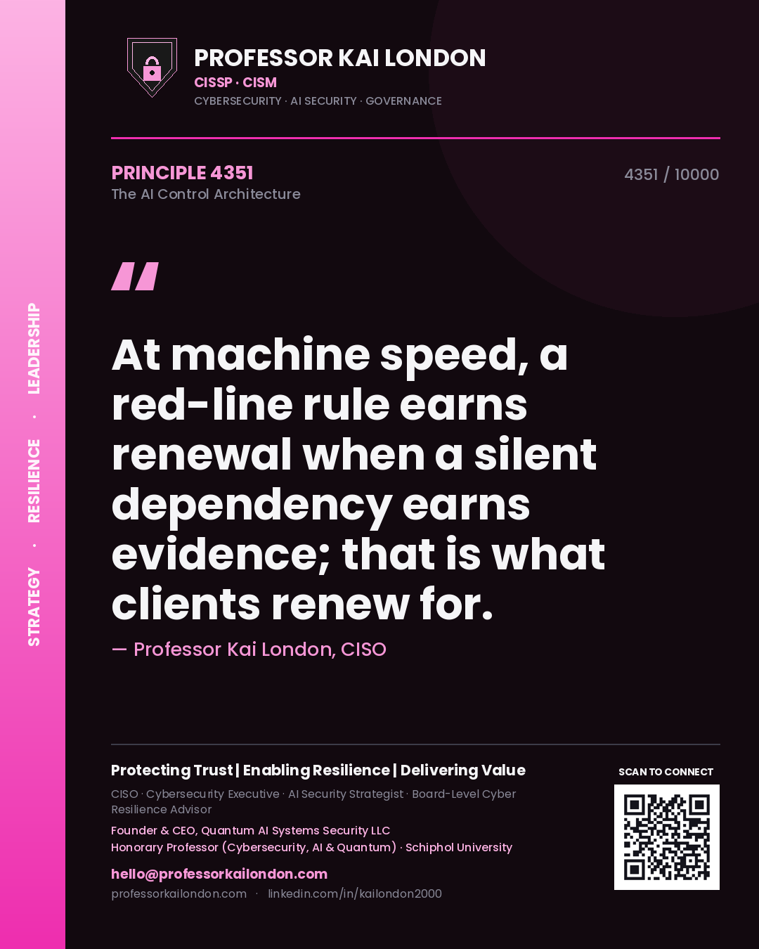 Quote card by Professor Kai London reading 'At machine speed, a red-line rule earns renewal when a silent dependency earns evidence; that is what clients renew for.'. From the book The AI Control Architecture.