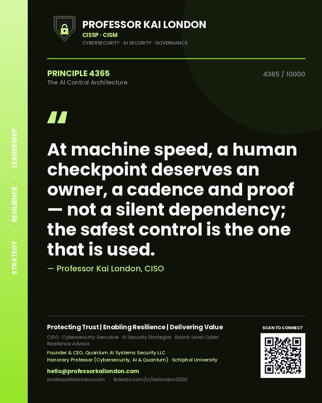 Quote card by Professor Kai London reading 'At machine speed, a human checkpoint deserves an owner, a cadence and proof — not a silent dependency; the safest control is the one that is used.'. From the book The AI Control Architecture.