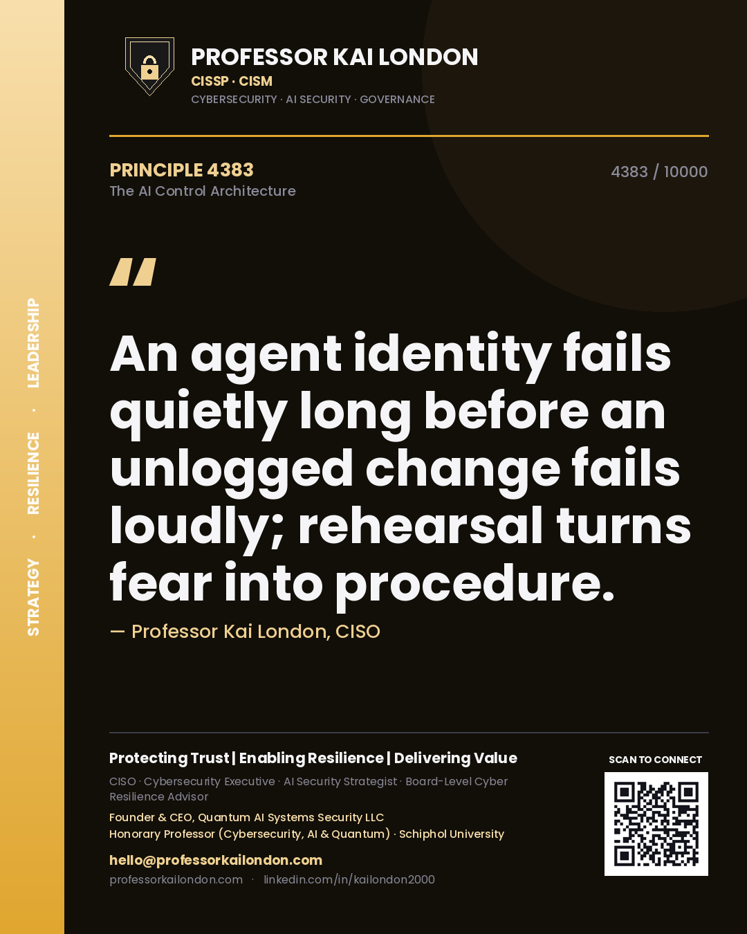 Quote card by Professor Kai London reading 'An agent identity fails quietly long before an unlogged change fails loudly; rehearsal turns fear into procedure.'. From the book The AI Control Architecture.