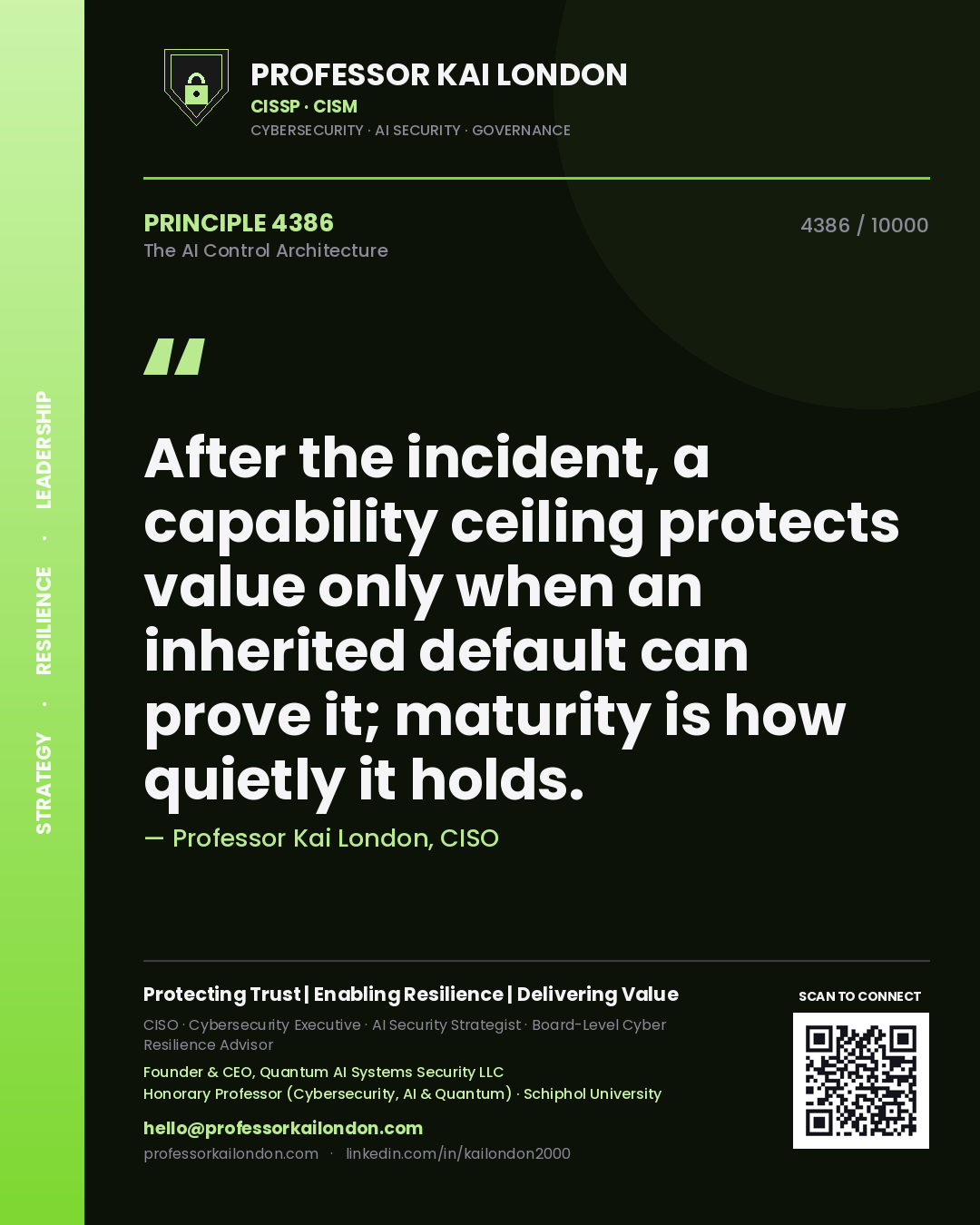 Professor Kai London principle 4386: After the incident, a capability ceiling protects value only when an inherited default can prove it; maturity is how quietly it holds.