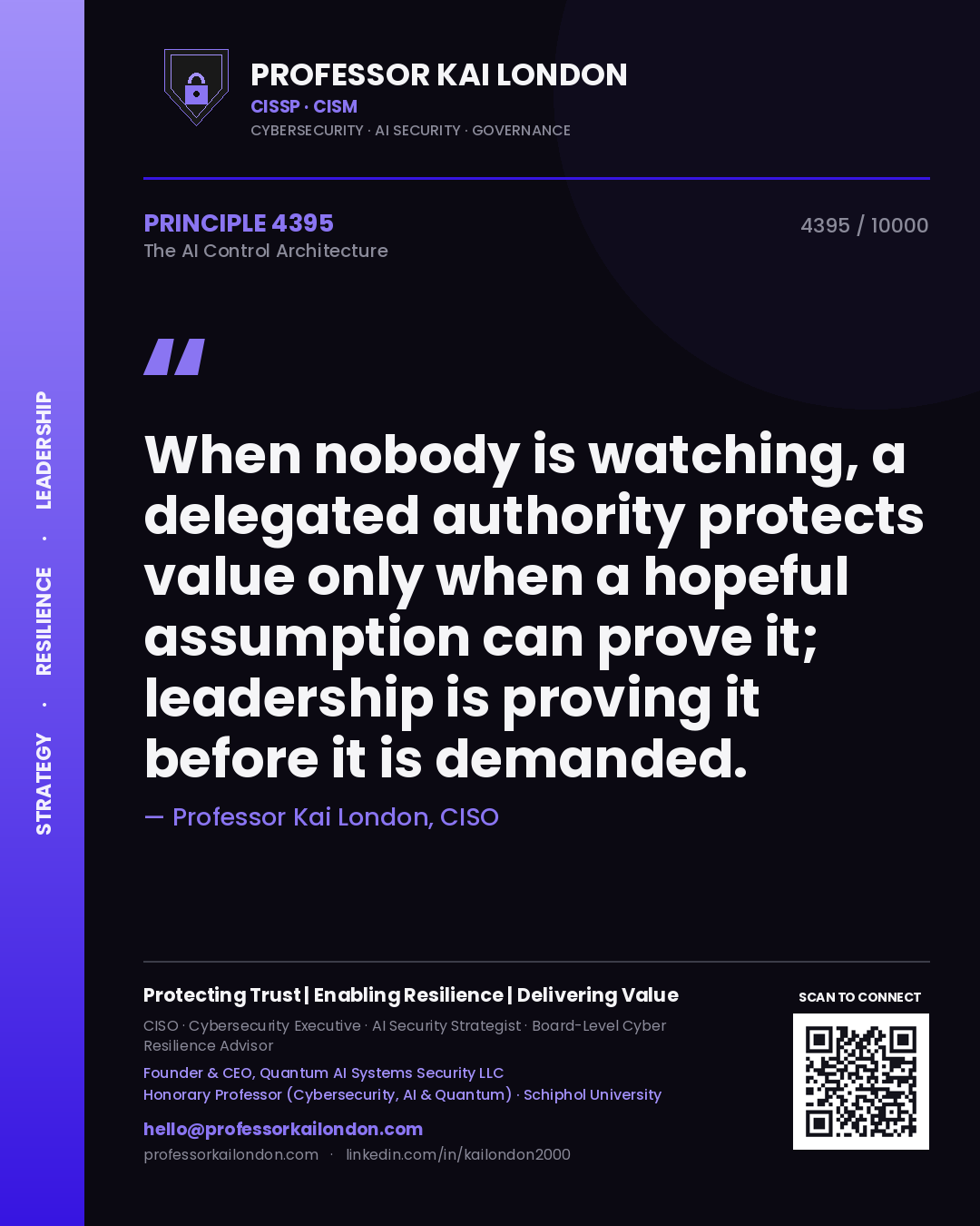 Professor Kai London principle 4395: When nobody is watching, a delegated authority protects value only when a hopeful assumption can prove it; leadership is proving it before it is demanded.