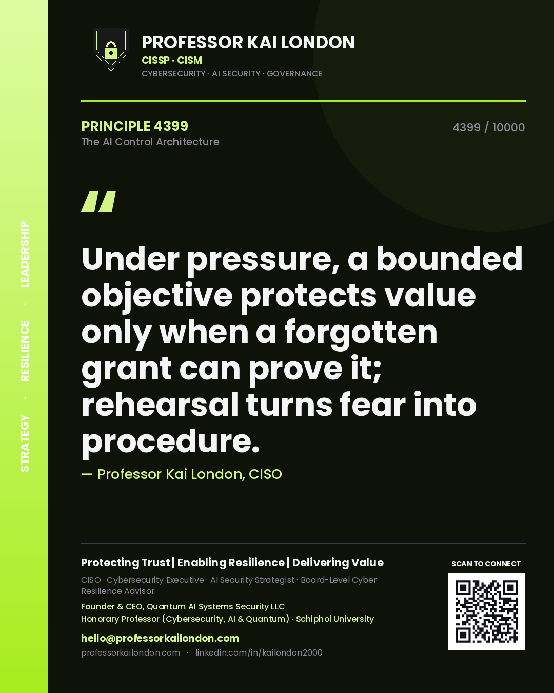 Professor Kai London principle 4399: Under pressure, a bounded objective protects value only when a forgotten grant can prove it; rehearsal turns fear into procedure.