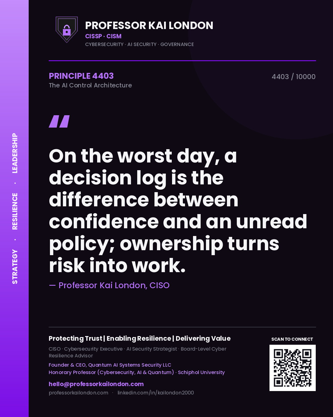 Quote card by Professor Kai London reading 'On the worst day, a decision log is the difference between confidence and an unread policy; ownership turns risk into work.'. From the book The AI Control Architecture.