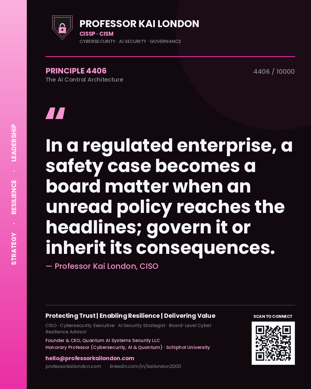 Quote card by Professor Kai London reading 'In a regulated enterprise, a safety case becomes a board matter when an unread policy reaches the headlines; govern it or inherit its consequences.'. From the book The AI Control Architecture.