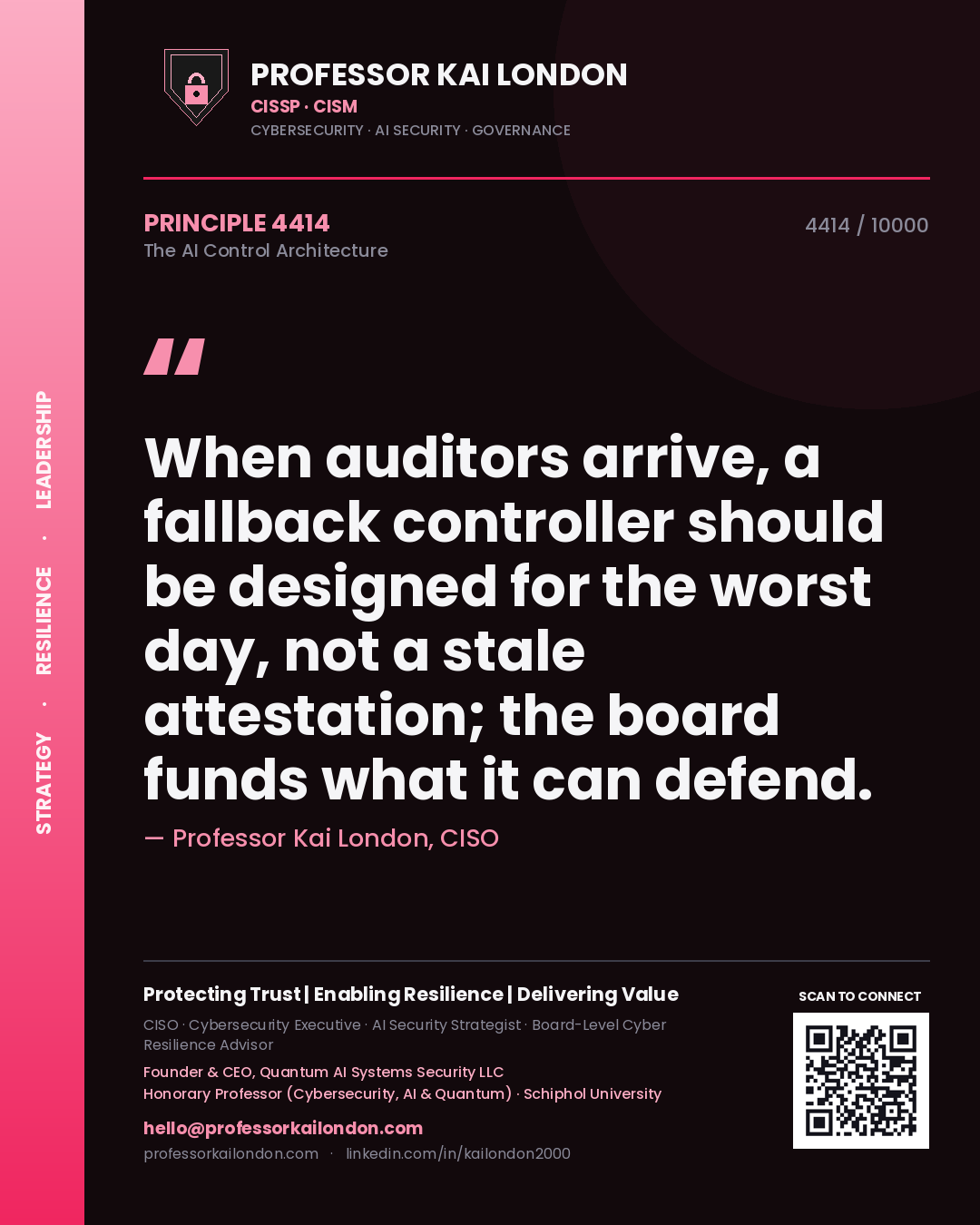 Quote card by Professor Kai London reading 'When auditors arrive, a fallback controller should be designed for the worst day, not a stale attestation; the board funds what it can defend.'. From the book The AI Control Architecture.