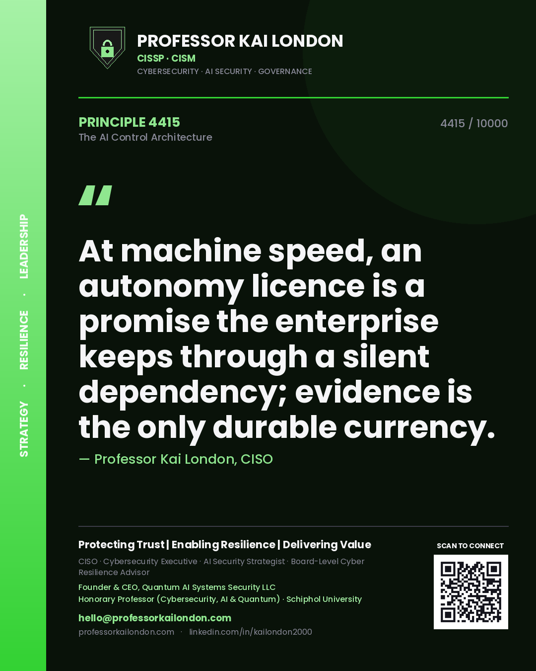 Quote card by Professor Kai London reading 'At machine speed, an autonomy licence is a promise the enterprise keeps through a silent dependency; evidence is the only durable currency.'. From the book The AI Control Architecture.