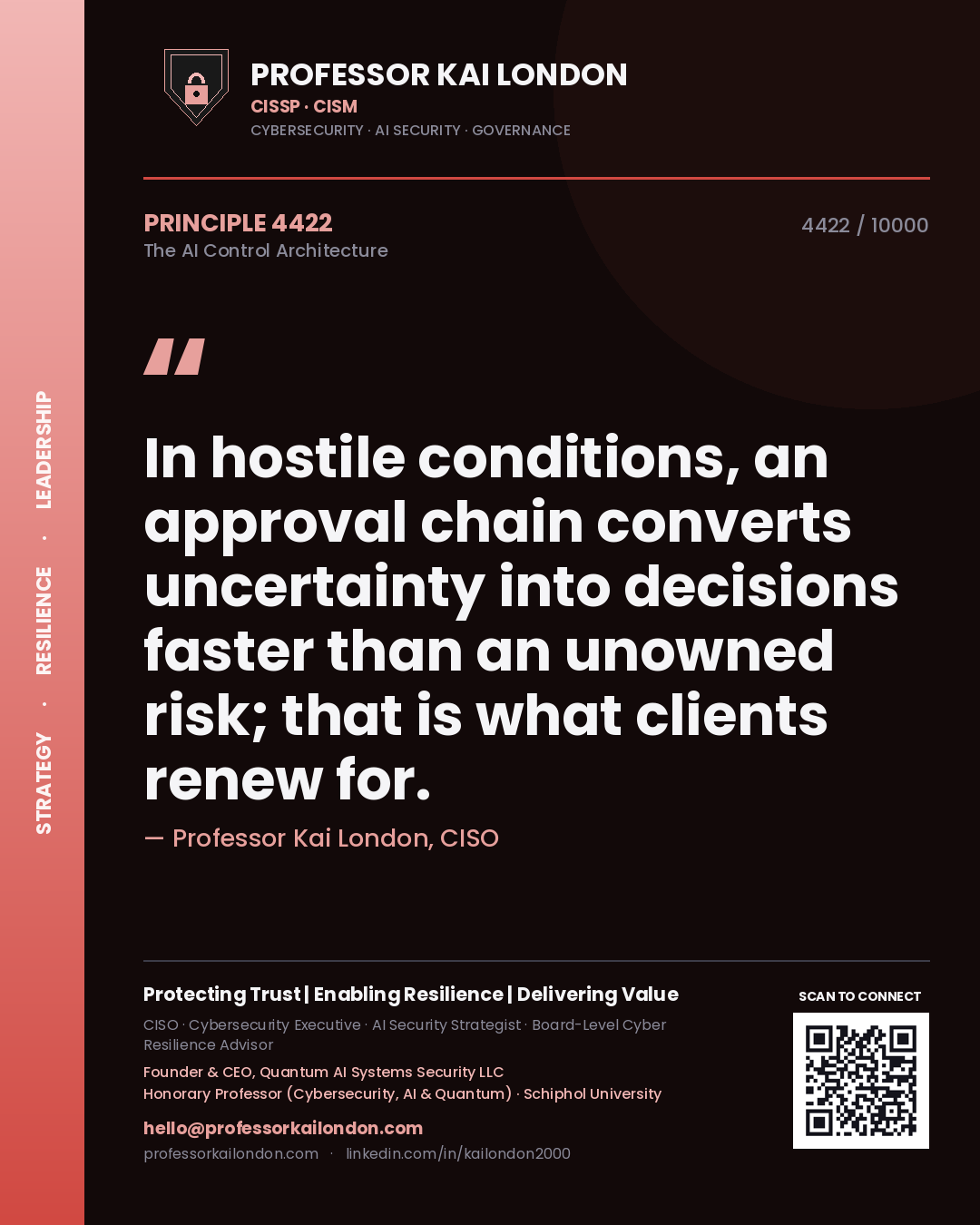 Quote card by Professor Kai London reading 'In hostile conditions, an approval chain converts uncertainty into decisions faster than an unowned risk; that is what clients renew for.'. From the book The AI Control Architecture.