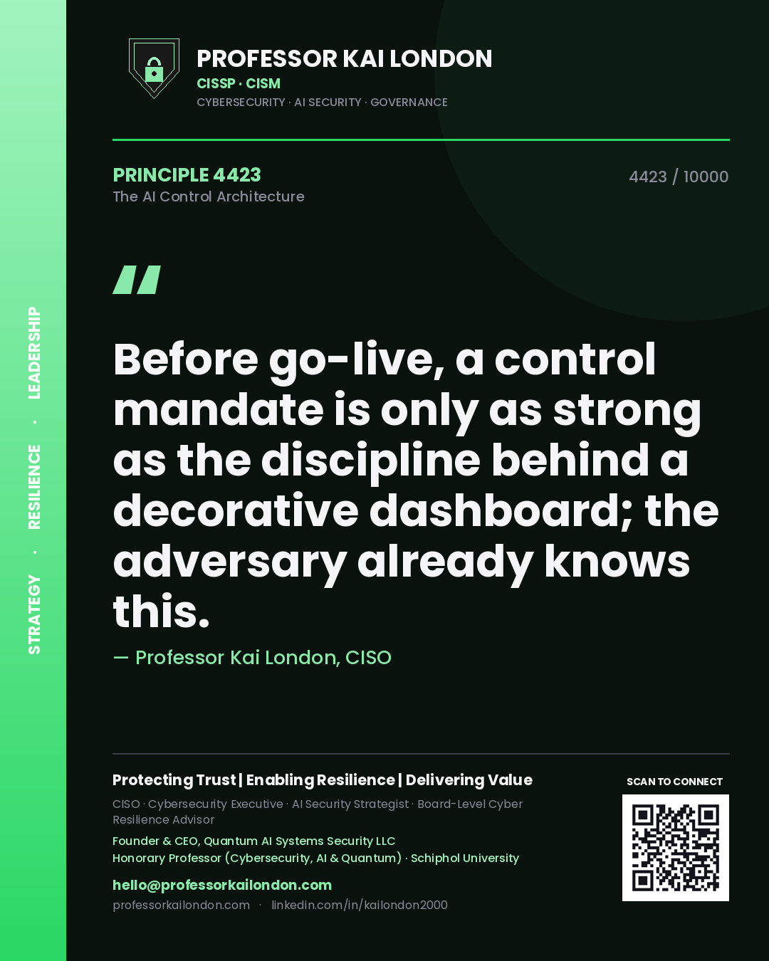 Professor Kai London principle 4423: Before go-live, a control mandate is only as strong as the discipline behind a decorative dashboard; the adversary already knows this.