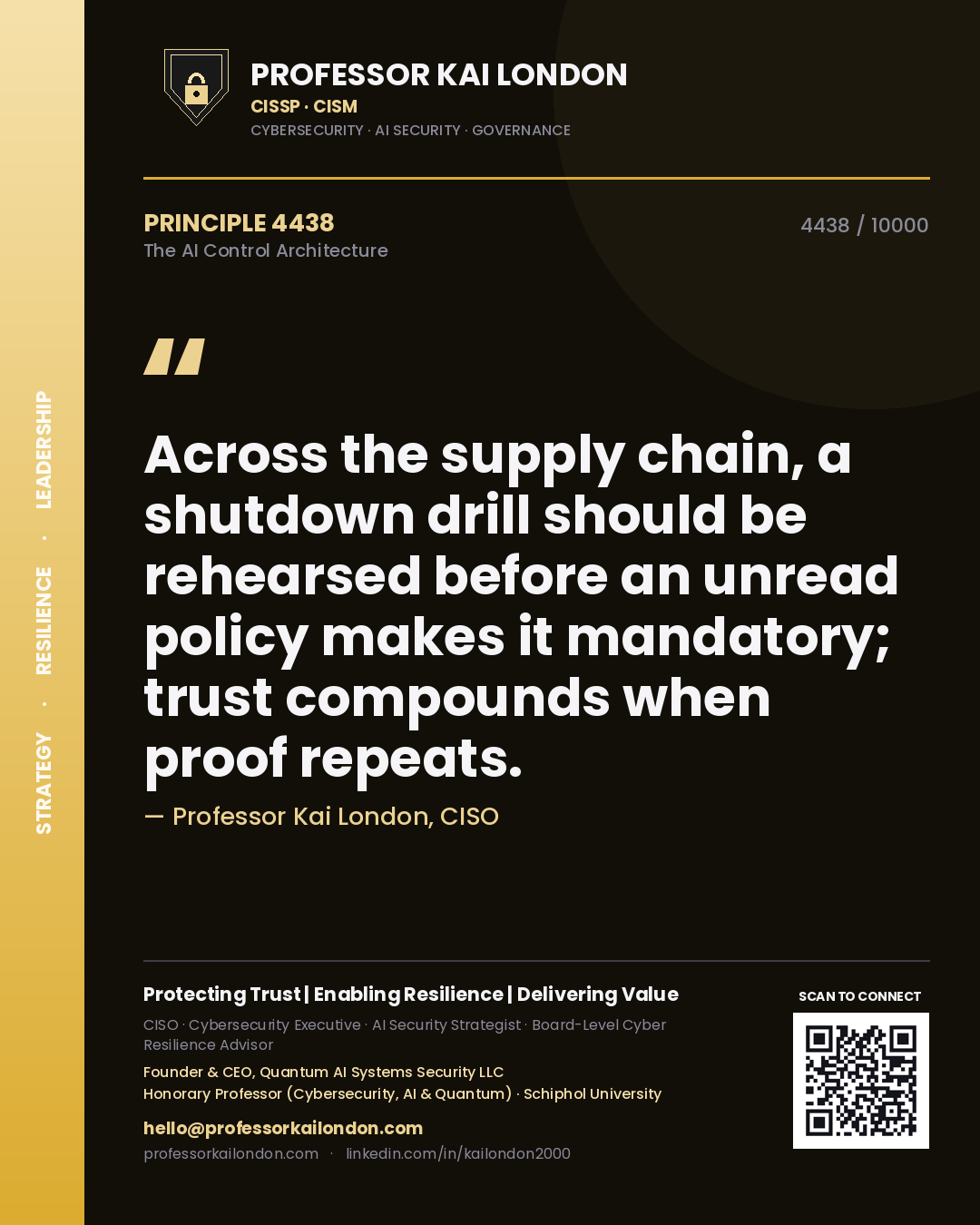 Quote card by Professor Kai London reading 'Across the supply chain, a shutdown drill should be rehearsed before an unread policy makes it mandatory; trust compounds when proof repeats.'. From the book The AI Control Architecture.